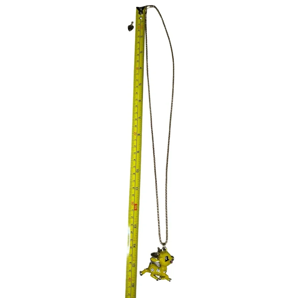 Betsey Johnson Yellow Enamel Deer Fawn Crystal Flower Pendant Necklace Gold Tone